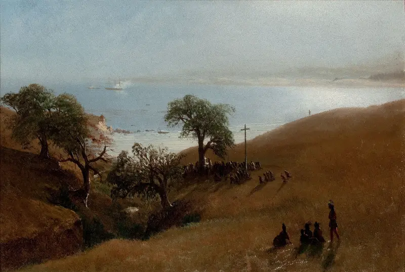 Study for Entrance into Monterey by Albert Bierstadt, oil on canvas depicting a mountain landscape at dusk.