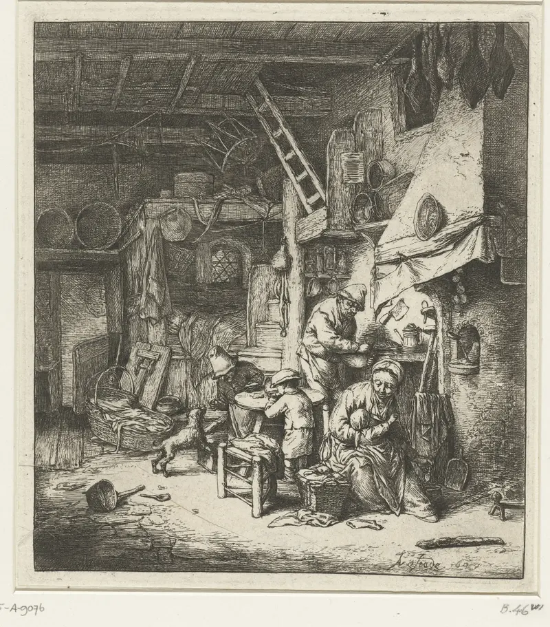 Etching by Adriaen van Ostade depicting a peasant family around a table in warm light.