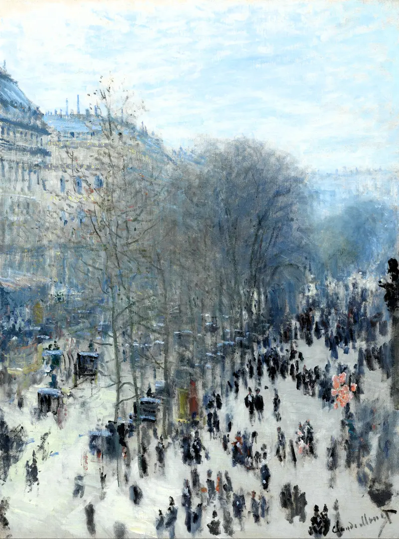 A diagonal Parisian boulevard crowded with small dark figures, horse-drawn carriages, tall leafless trees, and grand buildings under a pale blue sky.