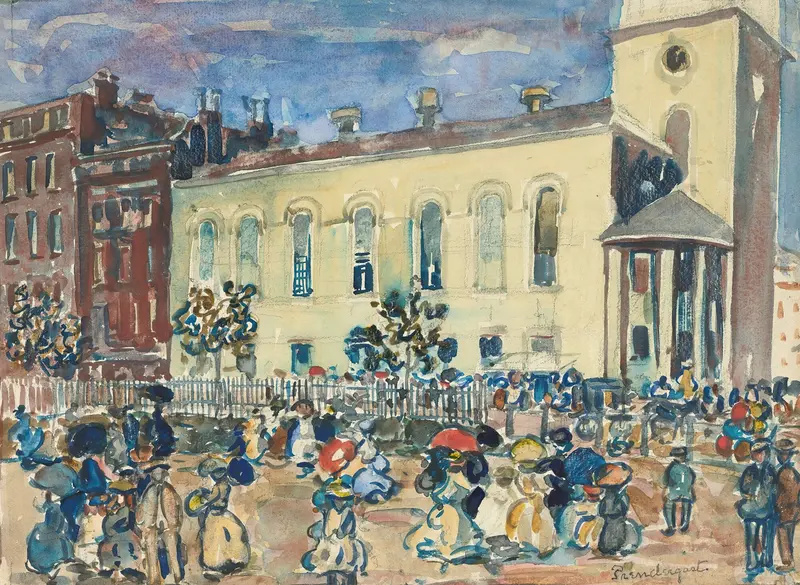 Watercolour by Maurice Prendergast depicting Park Street Church surrounded by flowers and garden.