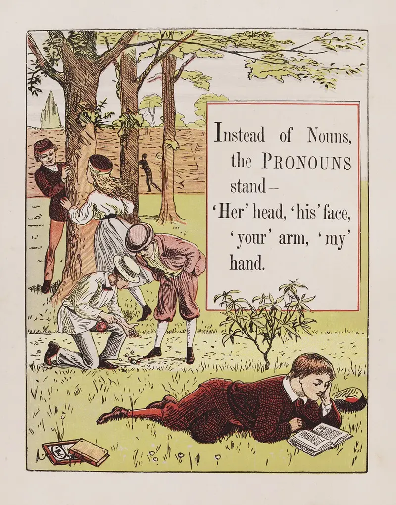 A painting titled 'Pronouns' by Walter Crane, showcasing allegorical figures.