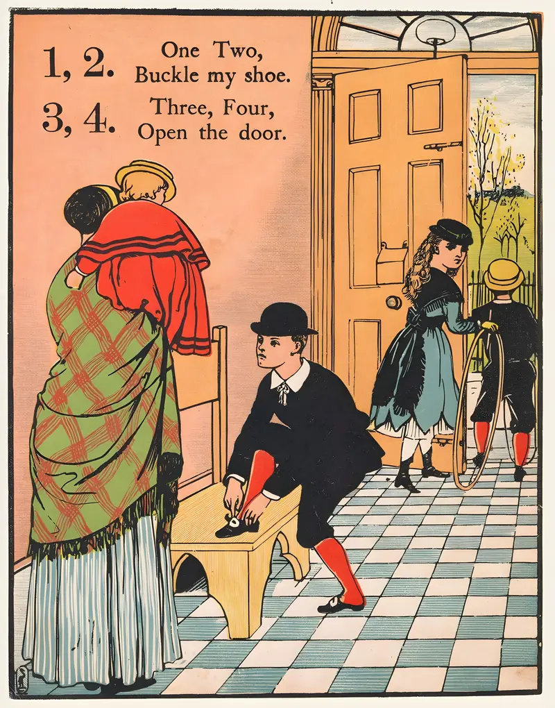 Walter Crane's '1, 2, buckle my shoe Pl 1' is a charming illustration reflecting Victorian aesthetics.