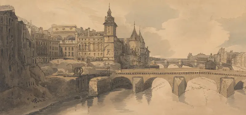 Watercolour by Thomas Girtin depicting a bridge over a river.
