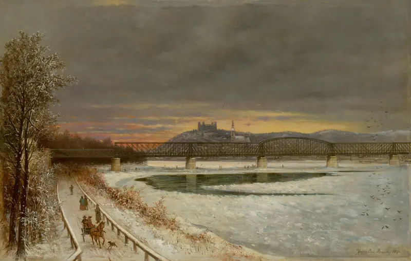 View Of Bratislava, oil on canvas by Eduard Majsch, depicting a cityscape with hills and spires.