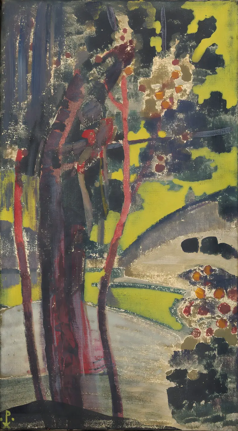 Trees by a Lake, oil painting by Nicholas Roerich showing lush trees and a tranquil lake.