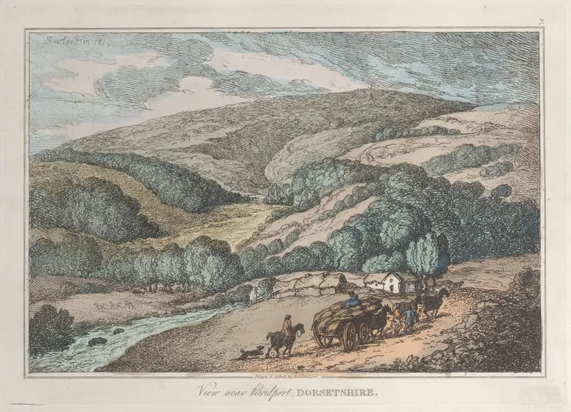 Landscape with hills and sunlight, oil painting by Thomas Rowlandson, 1822