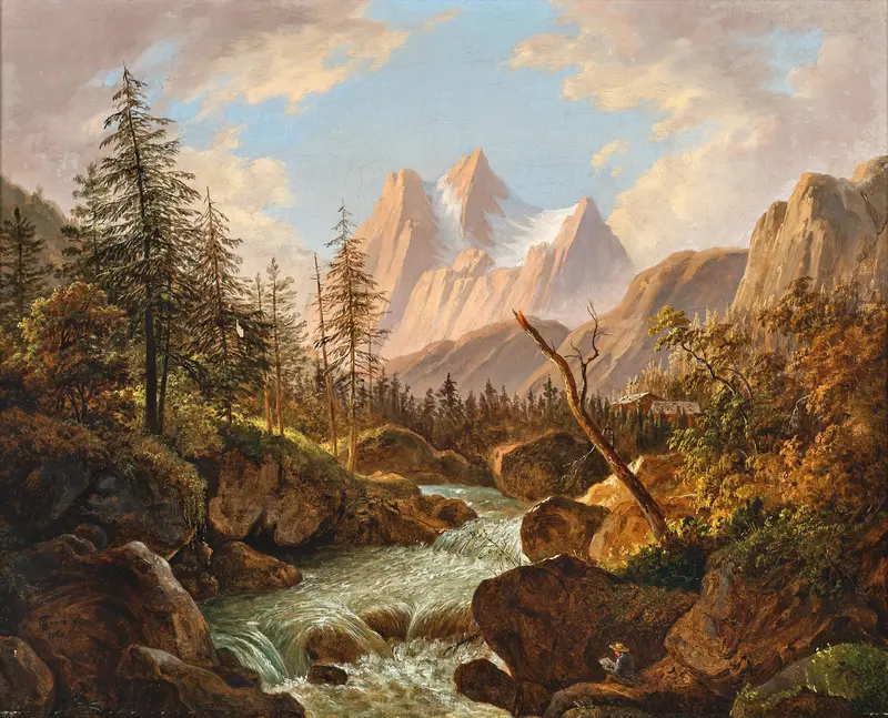 Oil painting by Matthias Rudolf Toma depicting a painter by a mountain stream