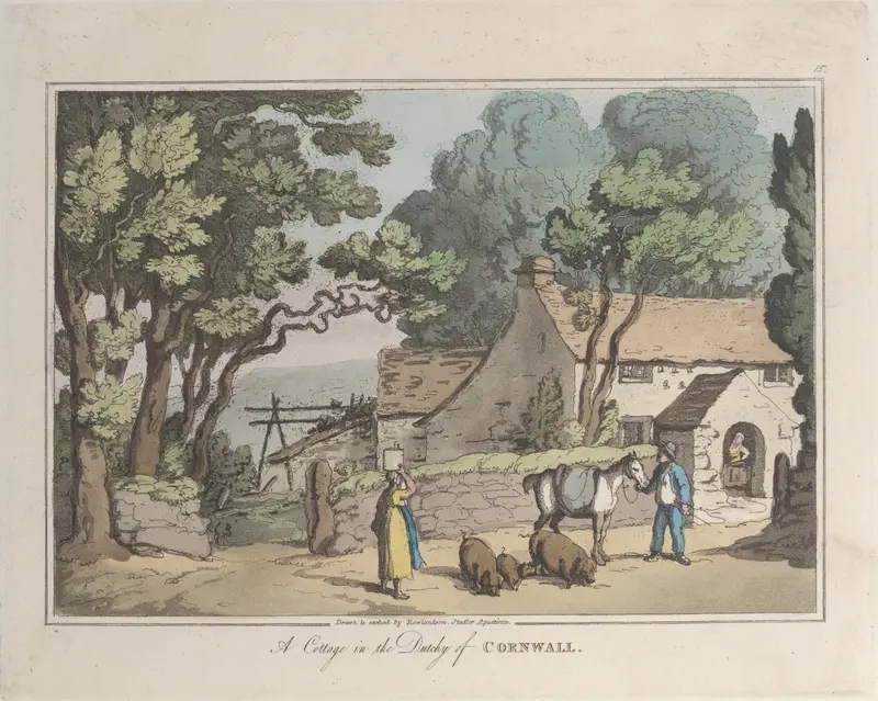 A Cottage in the Dutchy of Cornwall by Thomas Rowlandson, oil painting depicting a rural landscape.