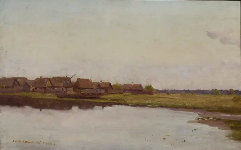 Village by the Water, oil painting by Jozef Chelmonski, depicting a serene landscape with water and twilight.