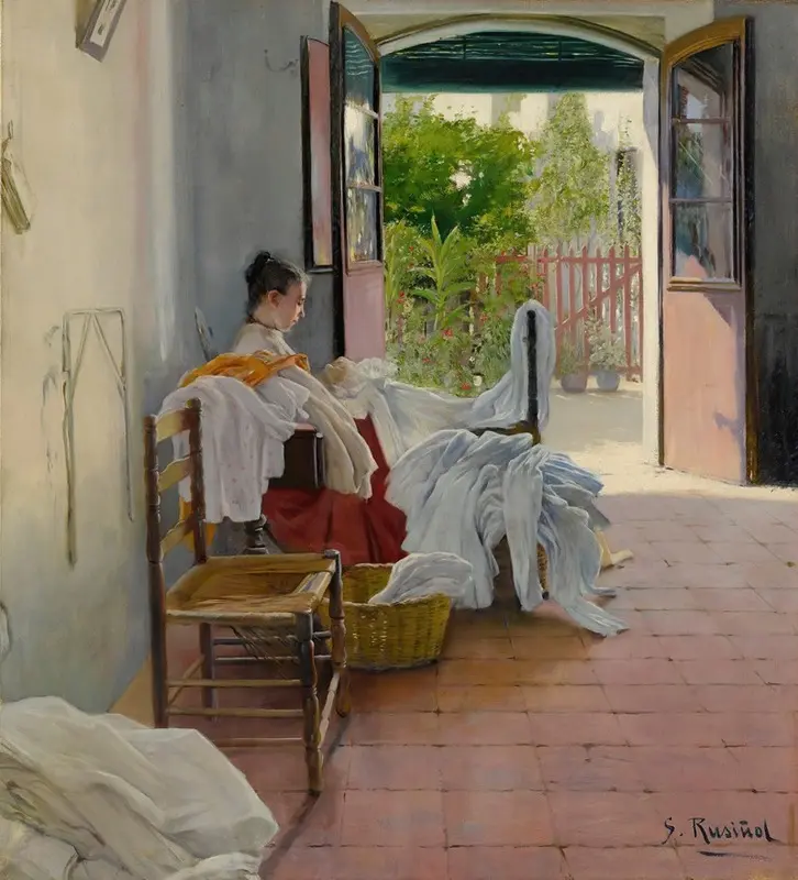 A depiction of a seamstress at work in Sitges.