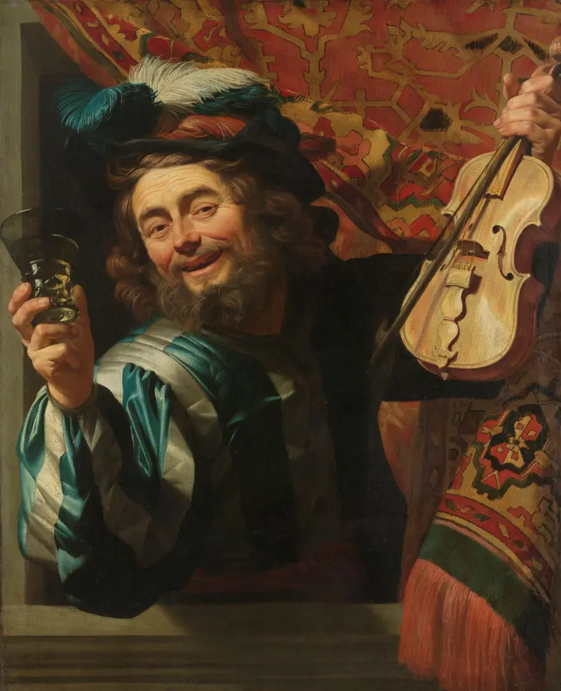 The Merry Fiddler by Gerard van Honthorst, oil on canvas, a man in Italian clothing leans out of a window.
