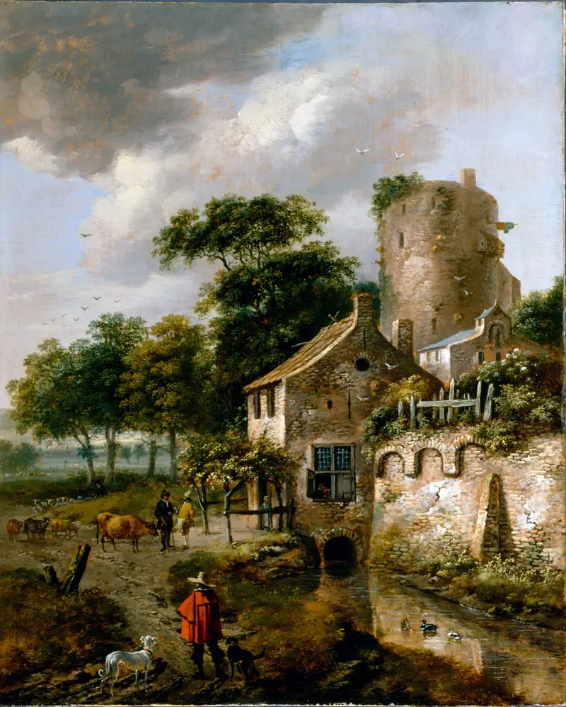 Landscape with a Tower, oil on canvas by Roelof Jansz. van Vries, featuring a solitary tower and rolling hills.