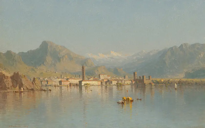 Riva, Lago di Garda by Sanford Robinson Gifford, oil on canvas, depicting a serene lake and mountains
