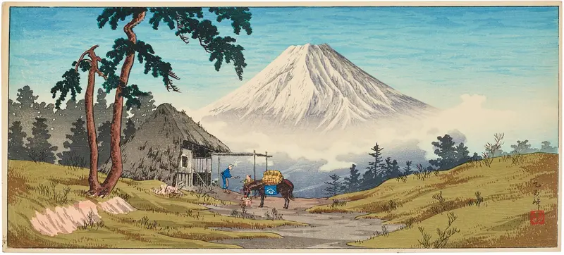 Ukiyo-e landscape by Takahashi Hiroaki depicting Otome Pass with lush greenery.