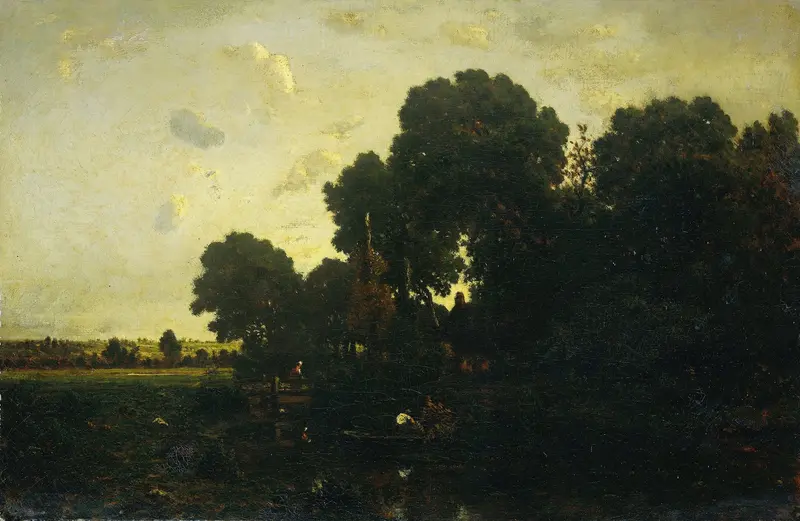 Twilight landscape with trees and a night sky, oil painting by Théodore Rousseau