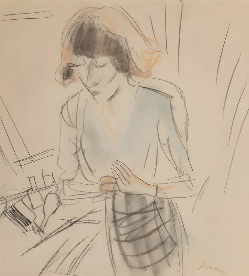 A portrait of a woman in a blue blouse by Jules Pascin.