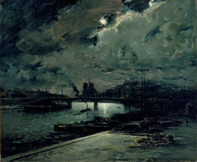 Oil painting by Frank Myers Boggs depicting moonlight over the Seine in Paris.