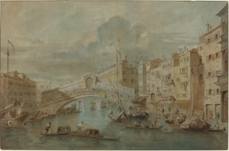 Rococo architecture of Rialto Bridge, Venice by Francesco Guardi, oil painting