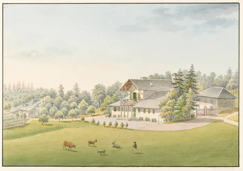 Vue du nouveau Châlet de Vernand, oil on canvas by Jakob Samuel Weibel, depicting a tranquil landscape with a chalet.