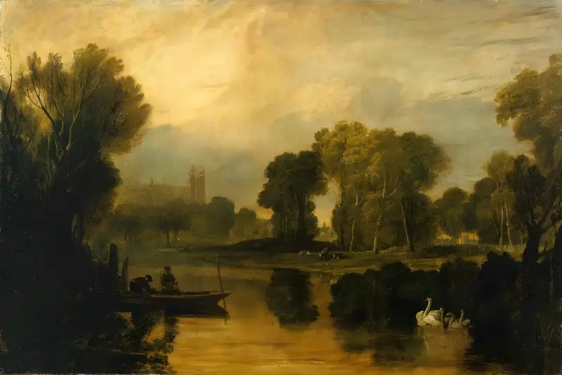 A river scene with two figures in a small boat on the left bank, swans gliding on the water, and cattle grazing on the right bank under trees.