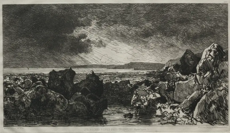 Black Rocks near Trouville, oil on canvas by Maxime Lalanne, depicting rocks and shoreline at low tide.