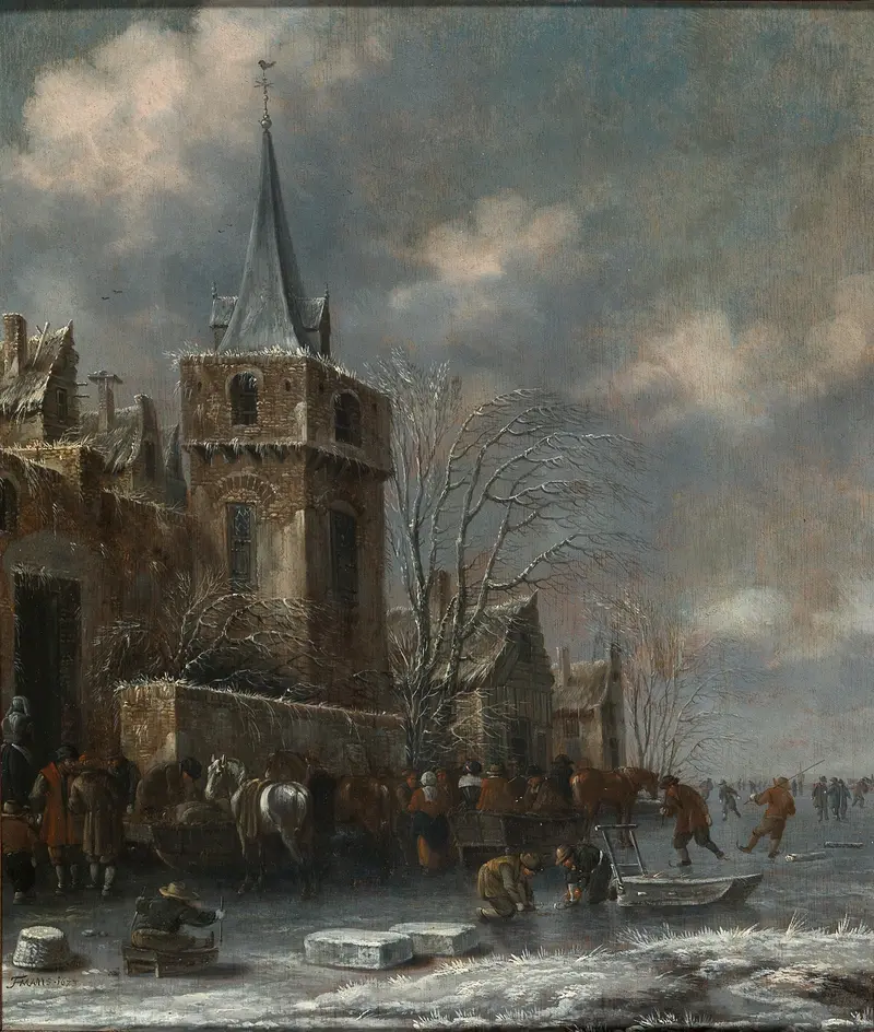 A winter landscape with skaters on ice, oil on canvas by Thomas Heeremans
