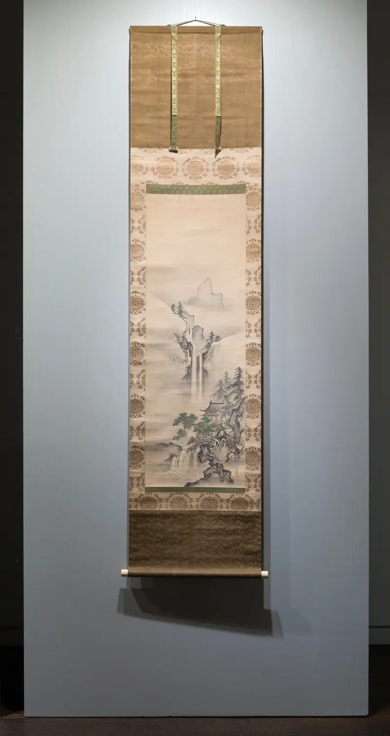 Landsape with Waterfall by Kanô Tsunenobu, silk medium depicting a lush waterfall scene