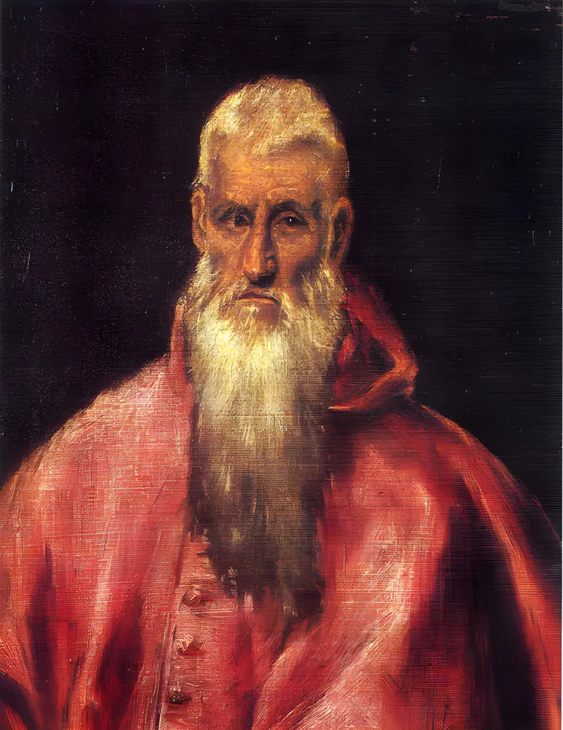 Saint Jerome depicted as a cardinal, dressed in red, with a book and skull on a table.