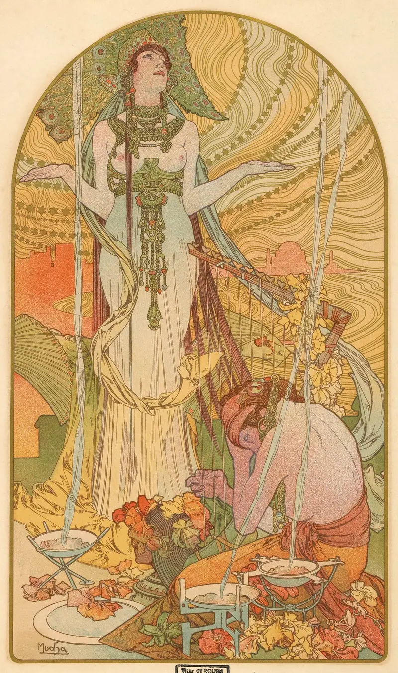 Alphonse Mucha's 'Incantation (Salammbo)' features intricate designs and a mystical atmosphere.