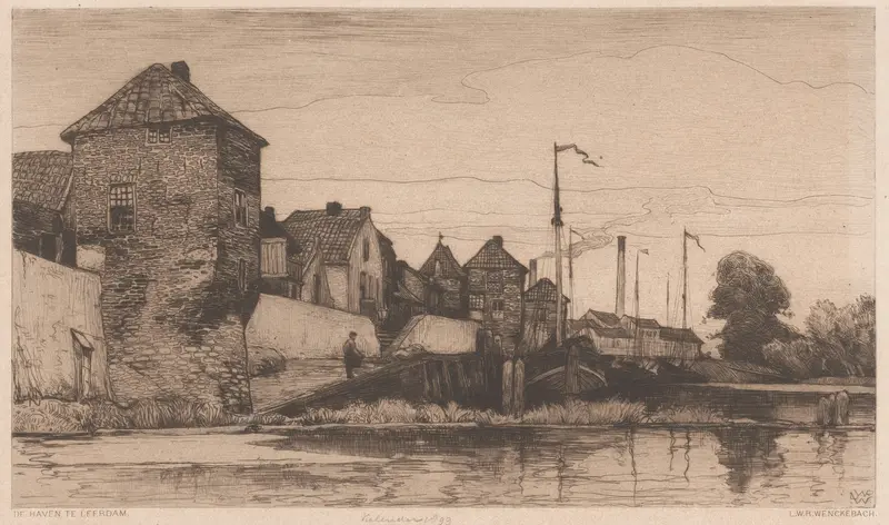Landscape of a harbor with a bridge, oil painting by Willem Wenckebach