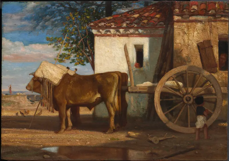 Two oxen stand beside a cart in warm light, with a child and farmhouse in the background.