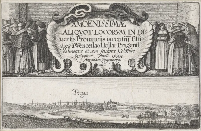 Gezicht op Praag, etching by Wenceslaus Hollar, depicting a city skyline with rooftops and soft sky.