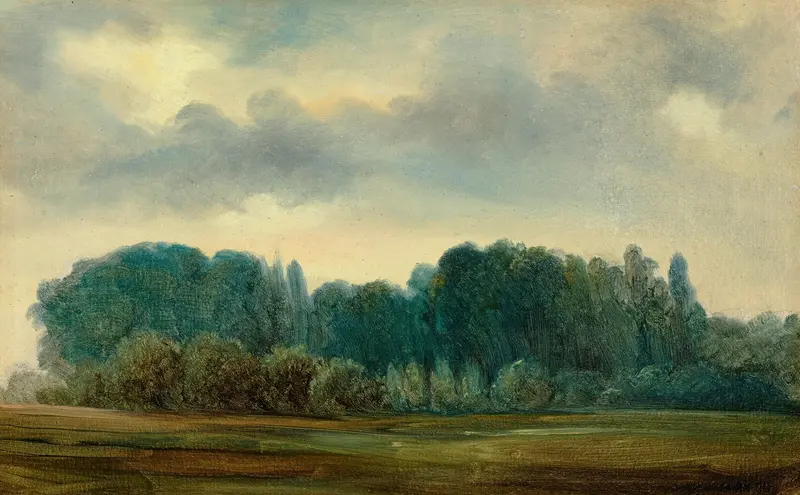 Paysage by Théodore Rousseau, oil painting depicting a tranquil forest scene.