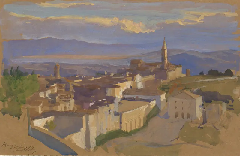 View of Perugia by Edwin Austin Abbey, oil on canvas depicting a vibrant landscape.