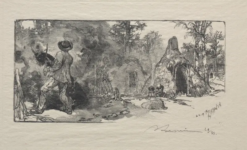 Engraving by Auguste Louis Lepère depicting charcoal burners at dusk