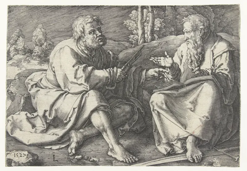Engraving by Lucas van Leyden depicting Paulus and Petrus seated in a landscape.