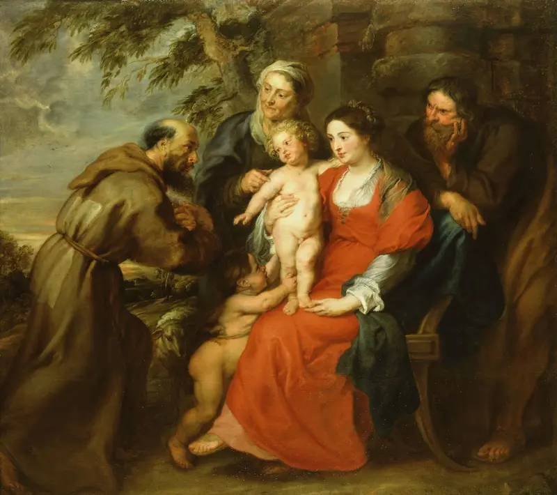 The Holy Family with Saint Francis, a Baroque painting by Peter Paul Rubens depicting a tender moment between the Virgin Mary, infant Christ, and Saint Francis.