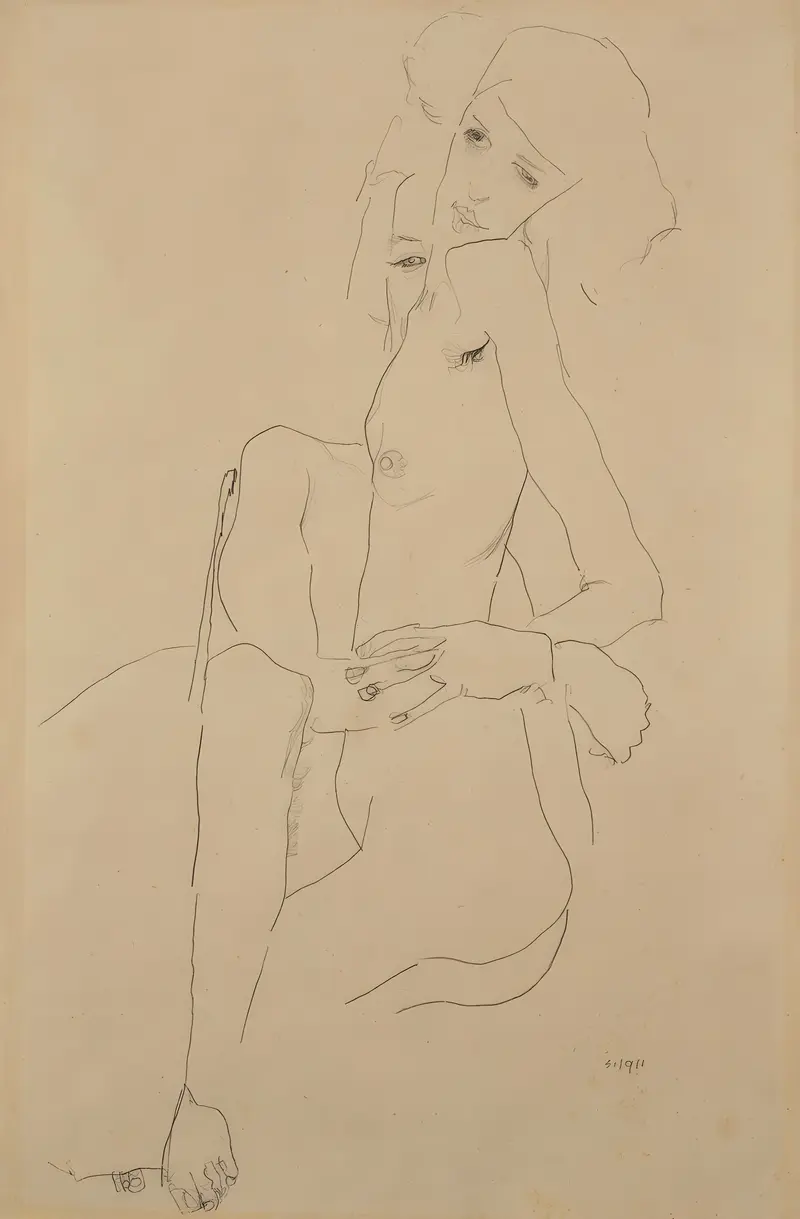 Egon Schiele's 'The Embrace' captures an intimate moment between two figures.