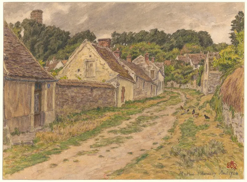 Post-Impressionism landscape by Henri Rivière, 1924, depicting hills and a winding path.