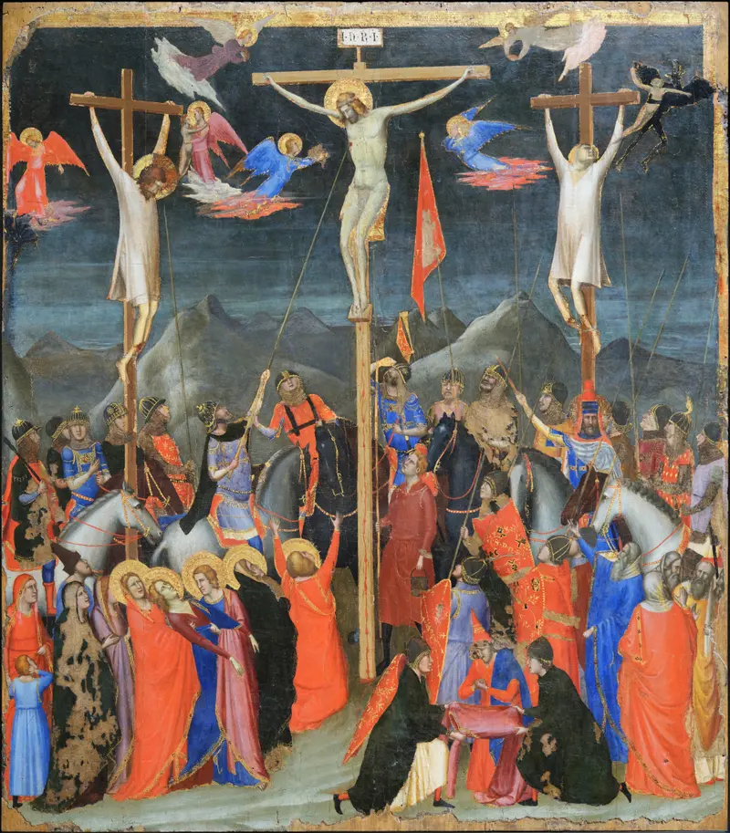 Three crosses against a dark sky with Jesus at the center, surrounded by soldiers, mourners, women in robes, and mounted soldiers casting lots.