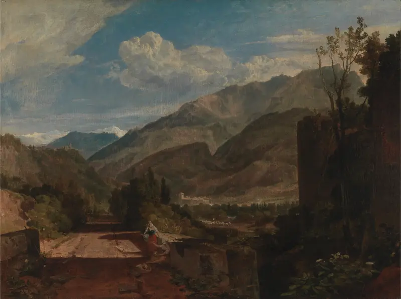 Chateau de St. Michael, oil painting by Joseph Mallord William Turner depicting a landscape with water and mountains.