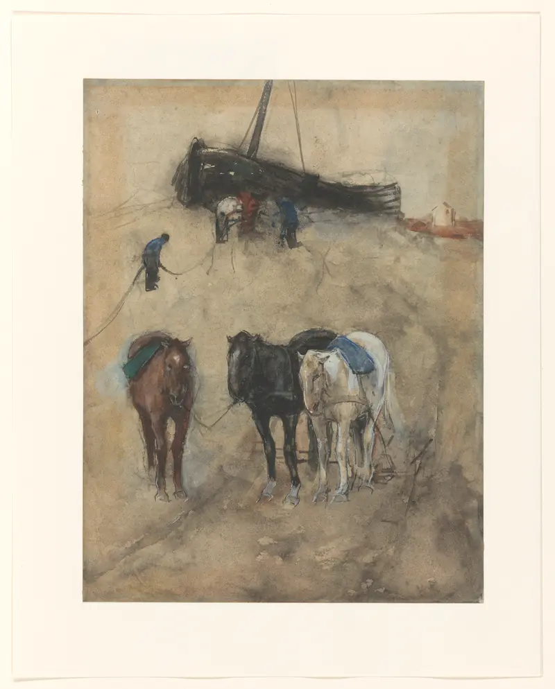 Horses on the beach with a fishing boat in the background, oil painting by George Hendrik Breitner
