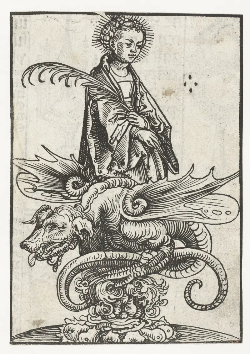 Religious depiction of Saint Margaret and a dragon, paper by Lucas Cranach