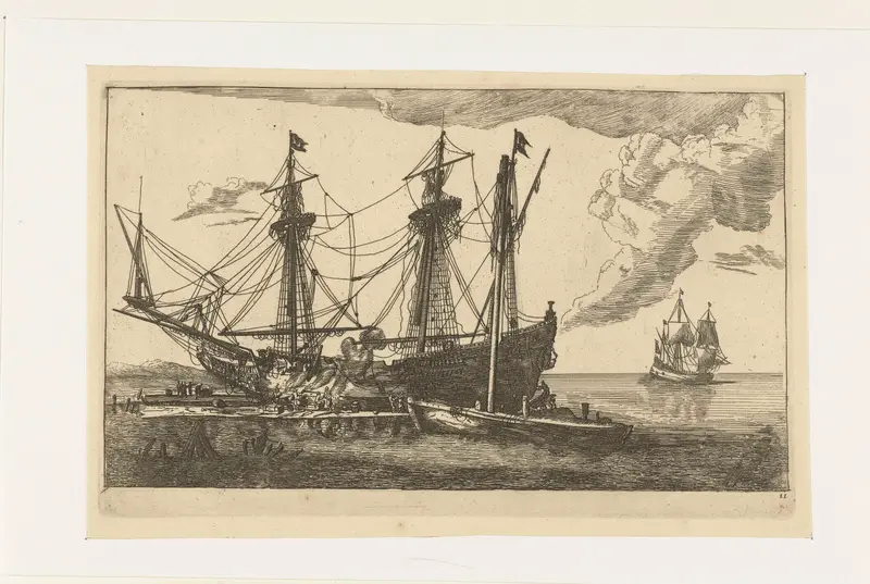 Reparaties aan de romp van een schip, etching by Unknown Artist depicting a ship's weathered hull.