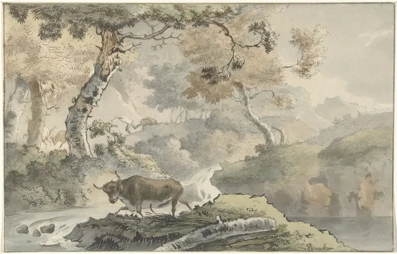 Boslandschap met stier by Christiaan Josi, oil on canvas featuring a bull in a serene landscape.
