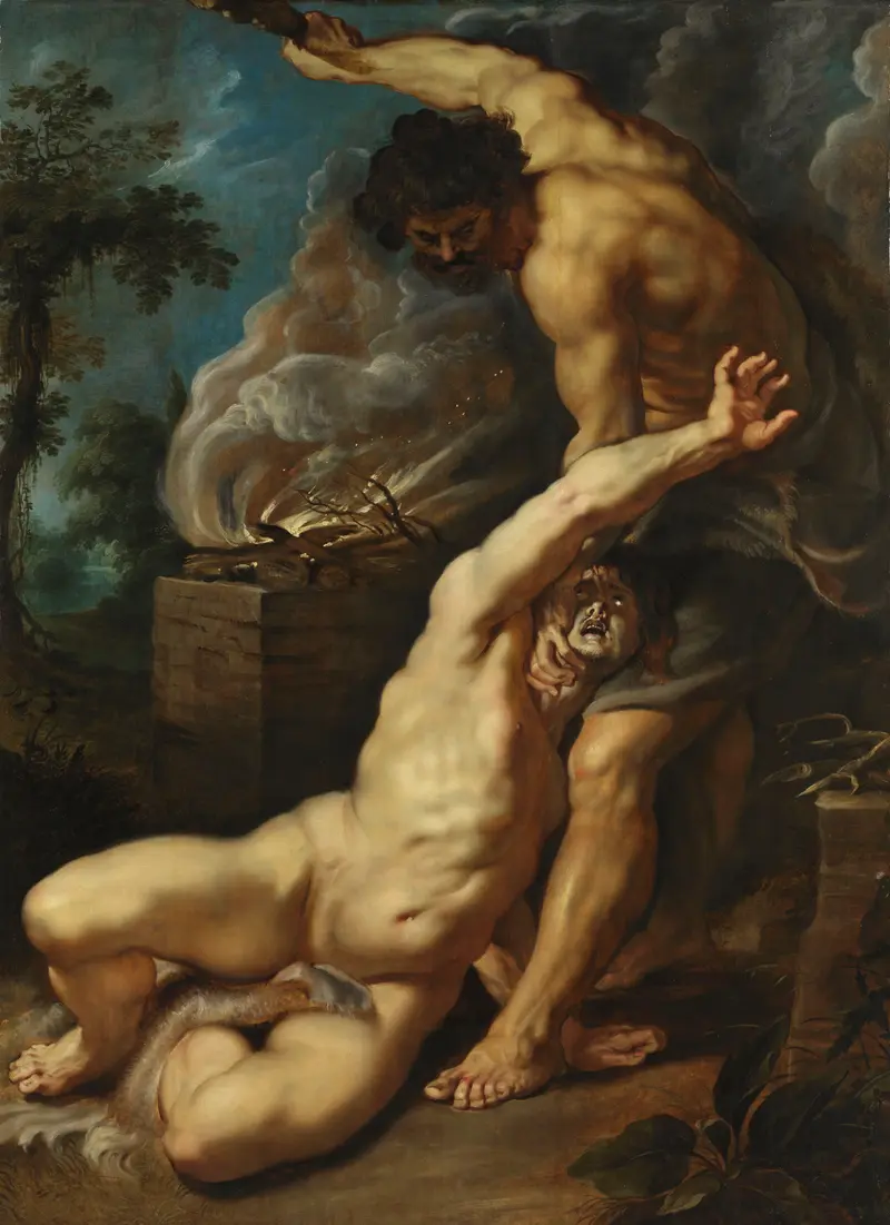 Cain raises a jawbone to strike Abel in this dramatic depiction of fratricide.