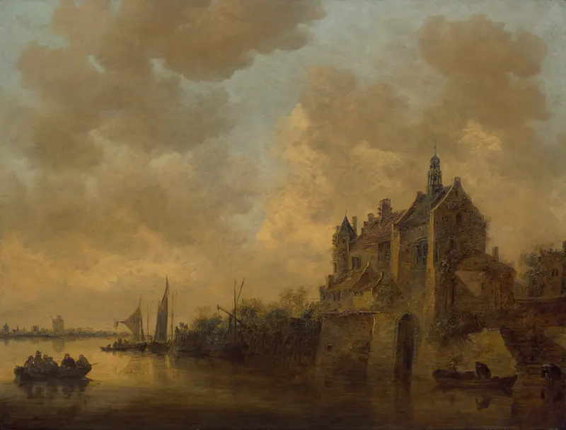 A river landscape with a manor house and boats, oil on canvas by Jan van Goyen