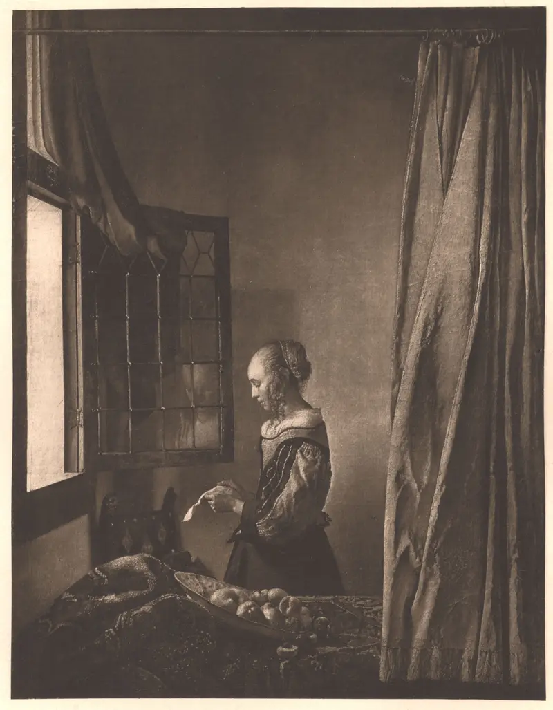 A young woman stands in profile near an open window, reading a letter she holds with both hands, illuminated by daylight through leaded glass panes.
