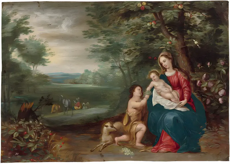 Rest on the Flight into Egypt with the Infant Saint John the Baptist, copper, unidentified artist