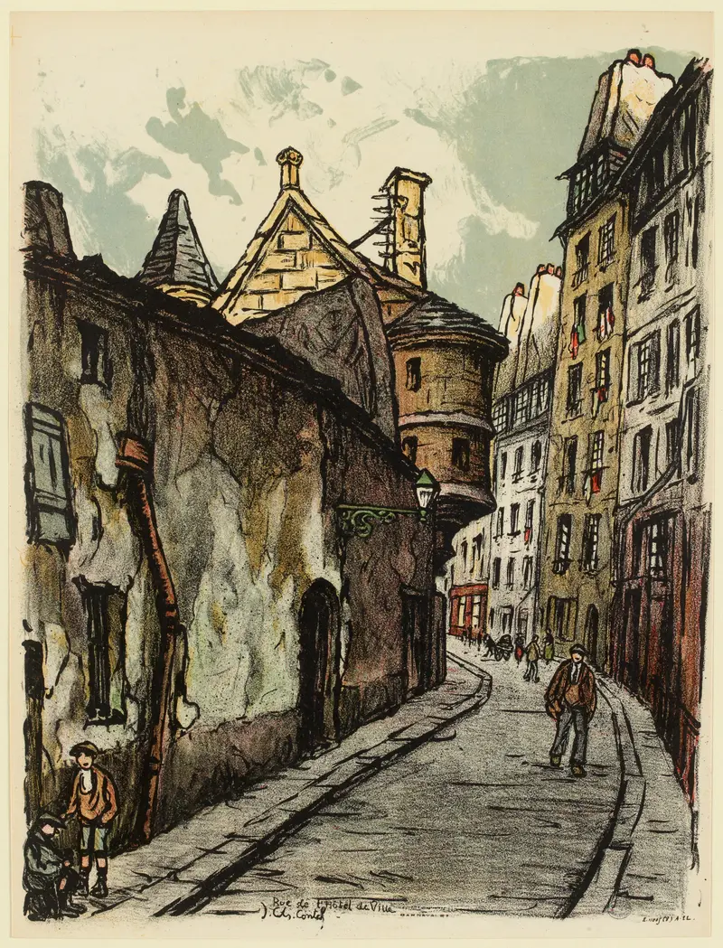 Rue de l’Hôtel de Ville, oil on canvas by Jean-Charles Contel, depicting an urban landscape.